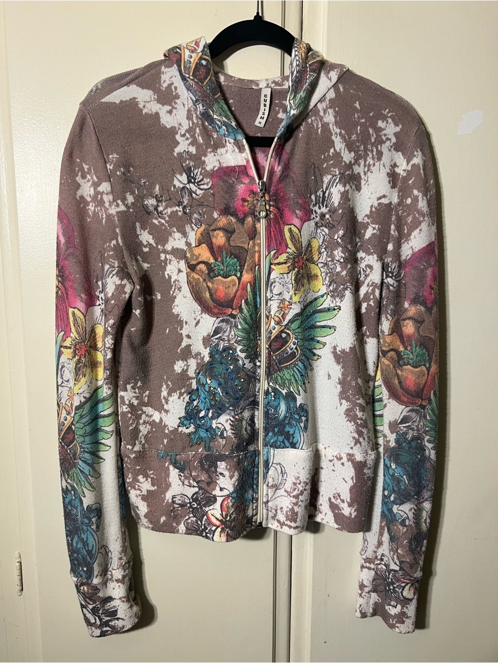 Ed Hardy Style Floral Print Zip Hoodie Jacket ~ Sweater - Beige /Pink